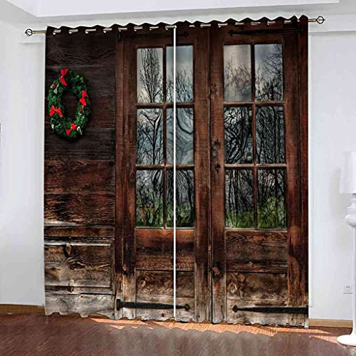 DSVNNZ Verdunkelungsvorhang 3D Gedruckt Vorhang Blickdicht Wärmeisolierte mit Ösen Weihnachtskranz aus Holzhaus Gardinen Modern für Kinderzimmer Wohnzimme 117x137 cm(B x H) 2 Stück