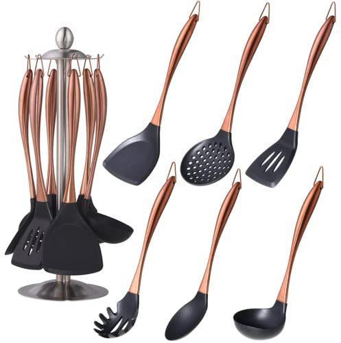 QOBIMOON Silicone Cooking Utensil Set, 6 pcs Silicone Cooking Kitchen Utensils Set, Non-stick Kitchen Cookware Titanium Stainless Steel Handle with Utensil Holder, Spatula Set for Cooking -Rose Gold
