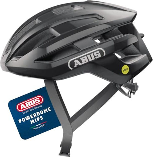 ABUS Rennradhelm PowerDome MIPS - leichter Fahrradhelm mit cleverem Belüftungssystem und Aufprallschutz - Made in Italy - für Damen und Herren - Schwarz Glänzend, Größe M