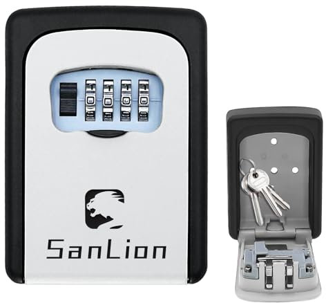 SANLION Key Safe Wall Mounted, key lock box outdoor 4 Digit Combination, Weatherproof Lockbox for Home/Business