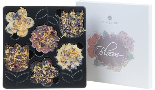 CHOCOLISSIMO - Blumen Geschenk - Schokolade Geschenk für Frauen, Mädchen, Mama, Freundin, Gärtner - 6 Schokoladentafeln mit essbaren Blüten - Geschenkidee Ostern, Valentinstag, Renteneintritt