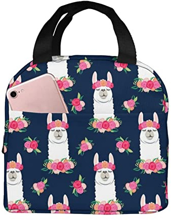 Bolsa de almuerzo con diseño de llamas florales en color azul marino, reutilizable, bonita fiambrera aislada, bolsa de mano, contenedor de almuerzo escolar multifuncional para adolescentes, niños y ni