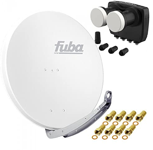 Digital Sat Anlage 2 Satelliten Astra/Hotbird - 4 Teilnehmer | Fuba DAA850W Sat Schüssel 85cm weiß + DUR-line MB6-QS Monoblock Quad LNB 6° (DVB-S2, HDTV, 4K/8K, 3D) + 8xF-Stecker vergoldet