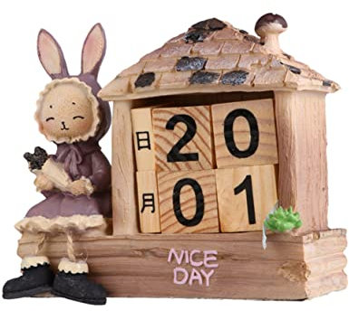 NUOBESTY Holzkalender in Hausform Mit Hasenstatue-design Manuell Drehbarer Ewiger Kalender Als Tischdekoration Für Zuhause Und Büro