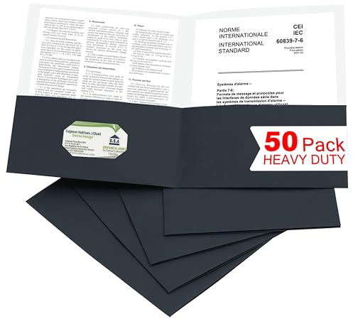 Zzrywuty 50 Packs Two Pocket File Folders with Business Card Slot,Textured Paper,Letter Size,Holds 100 Sheets for School,Office,Business,Black