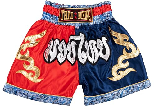 MUAY NATION Pantalones Cortos de Muay Thai para Niños (2 Años - 12 Años) Niñas Niños Pantalones de Boxeo para Kickboxing MMA Artes Marciales (FR/ES, Edad, 4 años, 6 años, Regular, Azul/Rojo)