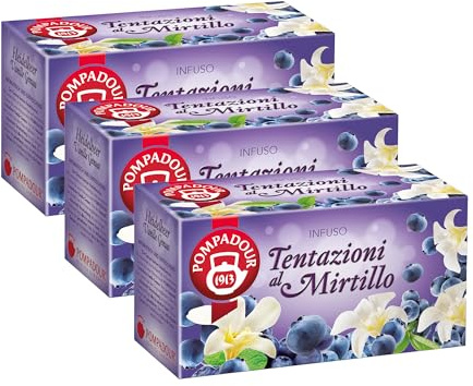 Pompadour, Infuso Tentazioni al Mirtillo, 60 Filtri (3 Confezione da 20 Filtri), Dolce e Fruttato, Piace anche ai Bambini, Senza Lattosio, Glutine e Allergeni, Vegan