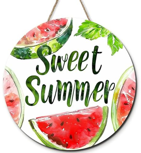 Horienteeon Farmhouse Sweet Summer Haustürschild, Wassermelonen-Dekoration, hängende Holzschild, Dekoration, rustikal, rund, Sommer, Bauernhaus, Veranda, Dekoration für Zuhause, Haustür, 28 cm