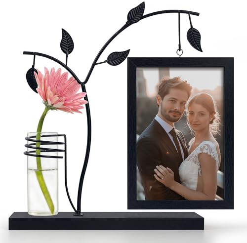 Sapowerntus 5x7 Picture Frames Black Family Desk Office Modern Photo Frame, Water Plants Flowers Floating Double Glass Vase Tabletop Standing Home Decor, Wedding Grandma Mother Mom Gift