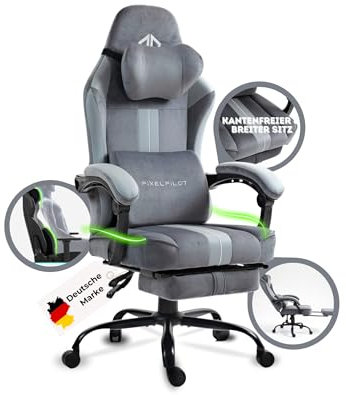 PixelPilot®Ergonomischer Gaming Stuhl [Atmungsaktiver Stoff] Gaming Chair mit Fußstütze, Kopf- und Lendenwirbelstütze, Gamer PC Stuhl breite Sitzfläche, Bürostuhl 150 kg Belastbarkeit (Nebula I, Grau)