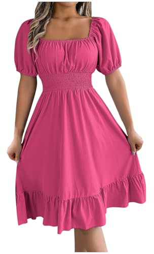 Milkmaid Dress Women Summer Ruffle Short Sleeve Square Neck Midi Dresses Elastic Waist Casual Shirred Dress Plain Oversized Dresses Solid Holiday Party Beach Dress Elegant Shift Milk Maid Dresses