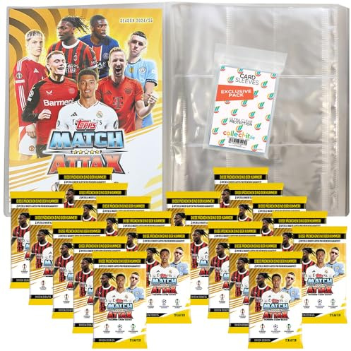 Bundle mit Match Attax Champions League 2024/25 - Trading Cards - 1 Leere Sammelmappe + 20 Booster + Exklusive Collect-it Hüllen