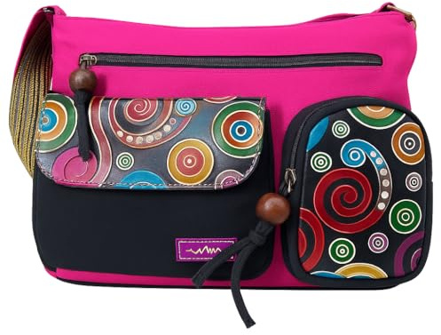 Macha Sac en coton et inserts en cuir avec imprimés colorés, sac à main à bandoulière en coton et cuir pour femme ethnique indienne (Fuchsia)