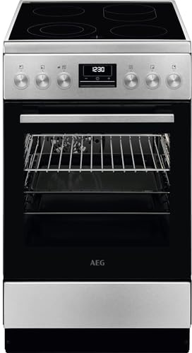 AEG Standherd mit Glaskeramik-Kochfeld 50cm, A, Bräter- und Mehrkreiskochzone, 1 Paar Teleskopschienen, Versenkknebel, Grillfunktion, Display mit Uhr, Edelstahl mit Antifingerprint, CCB5449OBM