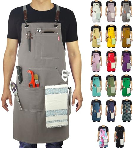 Stenffy Kitchen Apron, Work Apron, Canvas, Multiple Pockets, Gardening, Painting, BBQ, Artist, Carpenter, Sizes M to XXL, Dark Gray