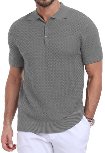 KUYIGO Mens Knit Polo Shirts Button Up Textured T Shirts Casual Slim Fit Short Sleeve Summer Golf Wear, Grey L