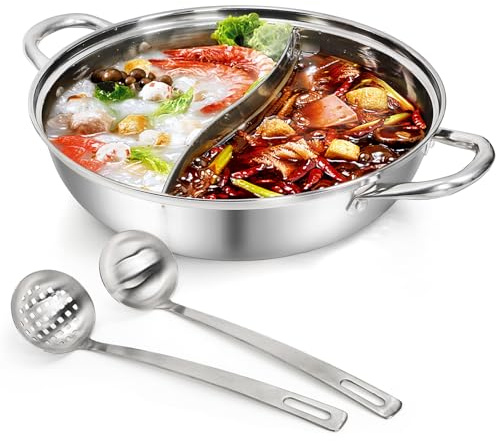 Peohud 304 Stainless Steel Hotpot Pot with Divider, 12 Inches Double-flavor Shabu Shabu Pot with Ladle and Slotted Spoon, Dual Sided Soup Cookware for Induction Cooktop Gas Stove