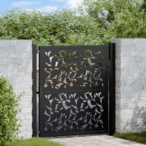 Gecheer Cancello,Singolo,per Recinzione,da Giardino,da Esterno,Cancello Singolo,Cancello da Giardino,Cancello Metallo,Cancello Acciaio,Cancello per Esterno,Nero 105x106 cm in Acciaio Design a Foglia