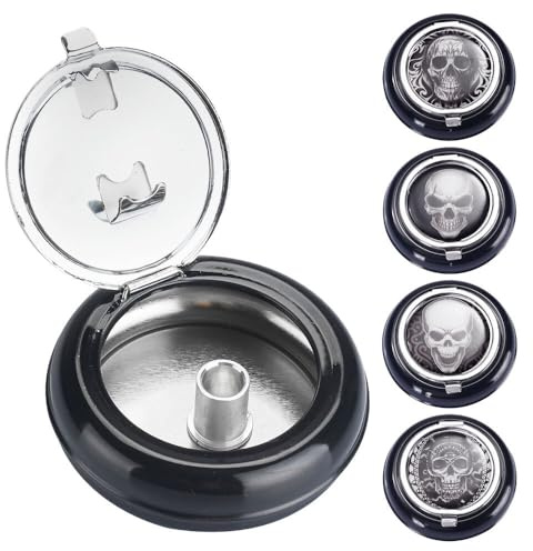 Murago - 4er Set Taschenaschenbecher mit Glutkiller - Deckel Totenkopf Schwarz für die Handtasche unterwegs rund klein Metall für draussen