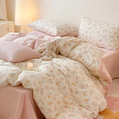 Covebett Housse de Couette 140x200 cm Beige Rose Fleurie Floral Réversible Parure de lit Adulte 1 Personne Fleur en Microfibre Linge de lit avec Fermeture Éclair et 1 Taies d'oreiller 65x65cm