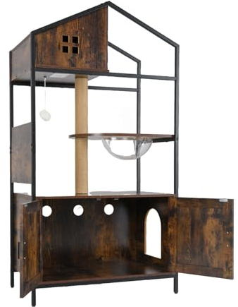 GOPLUS Armario para Caja de Arena para Gatos, Gabinete con Tapete y Postes Rascadores, Árbol con Cama y Cápsula Espacial, Mueble para Gatos Adultos con Estructura Metálica Resistente, 80 x 48 x 150 cm