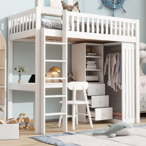 HYUB Hochbett 90x200 cm mit Schreibtisch und Kleiderschrank, Etagenbett Einzelbett mit 3 Schubladen und Offener Stauraum, Stauraumbett mit Lattenrost und Rausfallschutz, Weiß