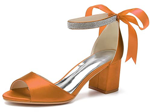 Scarpe da Sposa Donna Satinato Cinturino alla Caviglia Punta Aperta Sandali Tacco A Blocco,Arancia,40 EU