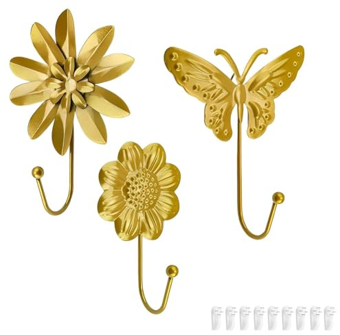 HASLED Garderobenhaken Gold 3er Set | Wandhaken mit Blumen & Schmetterling Design | Metall Kleiderhaken für Wohnzimmer, Schlafzimmer (inkl. 9 Nagel), Maximale Traglast: 3-5 kg