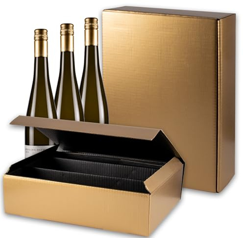 5x Flaschen Geschenkkarton - Geschenkverpackung für 3 Flaschen - gold - hochwertige Strukturprägung