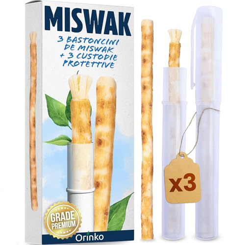 ORINKO® Siwak Naturale x3 con Custodia x3 - Spazzolino Ecologico per Denti - Miswak Africano per Pulizia, Sbiancamento e Igiene Orale - Bastoncini di Araak come Alternativa Sostenibile