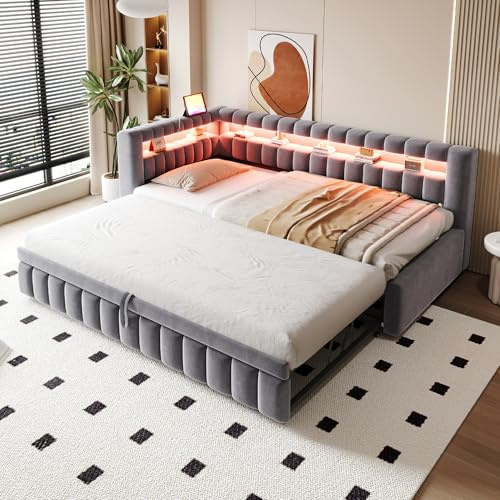 Dolamaní Polsterbett Ausziehbett 90x200 cm Mit LED-Beleuchtung, Ausziehbares Bett gleiche höhe Samtstoff, USB-Ladeanschluss, Samtstoff, Ohne Matratze (Grau)