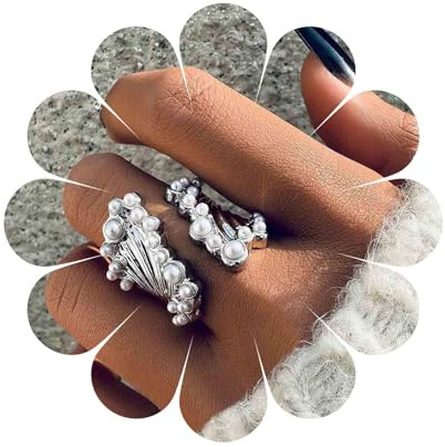 Aneneiceera Anelli Vintage Esagerati A Fascia Di Perle Mezzo Anello Aperto Di Perle Argento Grandi Perla Anello Da Dito Anello Regolabile Dichiarazione Gioielli Per Le Donne