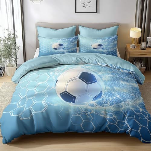 Housse De Couette But De Football Sportif, Bleu Clair 3 Pièces Parure De Lit en Microfibre, Parure De Couette avec Fermeture Éclair Et 2 Taies pour Chambre ou Hôtel de Luxe, 220 x 240 cm