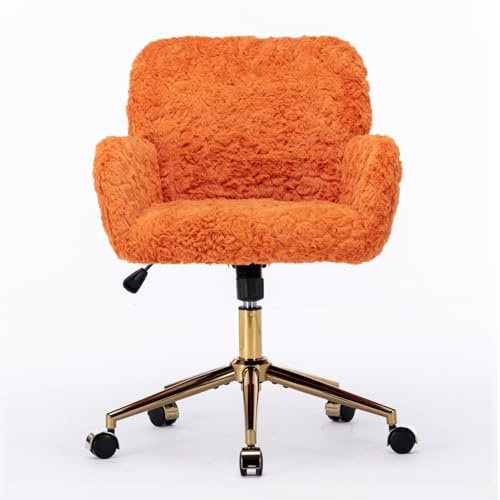 Faux Fur Makeup Vanity Chair, Comfy Fuzzy Home Office Chair with Wheels & Gold Base, Upholstered Adjustable Swivel Desk Chair for Teens Girls Women Home Office, Orange