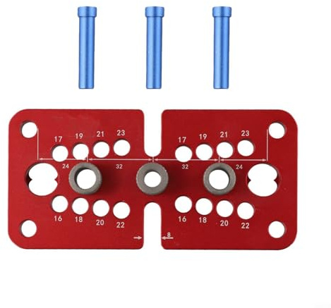 Dima autocentrante per tassello con posizionamento verticale per fori guida per la lavorazione del legno, costruzione in metallo rosso con dimensioni dei fori da 8 mm e 10 mm