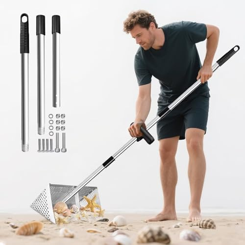 Rastrillo de pulgas de arena para playa, desmontable de 47 pulgadas de largo, colador de arena de acero inoxidable resistente con cesta de 16 pulgadas de ancho, herramienta de detección de metales con