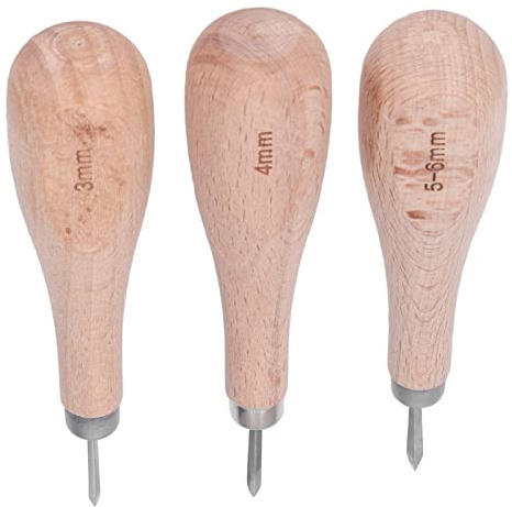 RASTKY Punteruolo Professionale per Cuciture in Pelle, Manico in Faggio per Punzonatura della Pelle, 3 Pezzi, Punteruolo Ergonomico in con Rombo Ad Alta Durezza, Strumento per Cucire