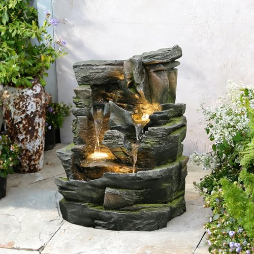 Bumilgar 60 cm Gartenbrunnen in Steinoptik – 5-stufiger Wasserfall mit LED-Beleuchtung für Terrasse, Balkon und Garten, Schluchtendesign, Natursteinoptik, Grau