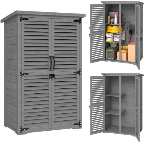 Outsunny Gartenschrank, Schuppen für Werkzeuge aus Holz, 2 Regale, Dach, Bitumendach, abschließbar, 75 x 50 x 118 cm, Grau