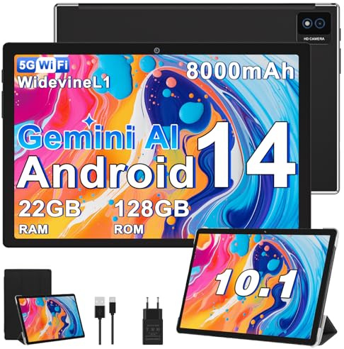 BIEGEDY Tablet Android Tablet 10 Pulgadas,22GB RAM + 128GB ROM (TF 1TB), 8000mAh / Octa-Core 2.0 GHz/5G+2.4G Dual Band WiFi 6 /Widevine L1 / GMS / 5MP+8MP / BT5.0 / GPS, Tableta con Funda Negro