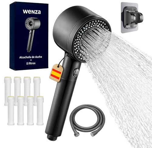 WENZA Cabezal de ducha con filtro y Filtros recambio Ducha Antical - Oasis Alcachofa de Ducha con Filtro Alta Presión con Manguera 1,5 m y Soporte Pared