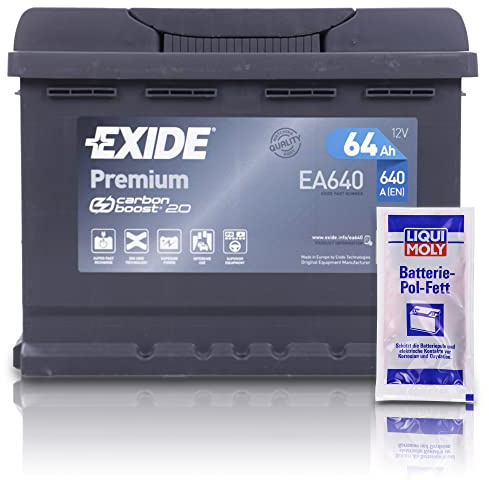 EXIDE EA640 Premium Carbon Boost Autobatterie 12V 64Ah 640A Starterbatterie PKW KFZ Batterie - Ersetzt 58Ah 60Ah 61Ah 62Ah 63Ah + 1x Batteriepolfett