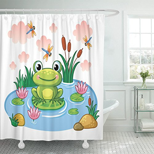 Emvency Shower Curtain Blue Cartoon The Frog Sits on Leaf in Pond Children`S Style Lake with Insects and Animals Colorful Baby Waterproof Polyester Fabric 72 x 72 inches Set with Hooks