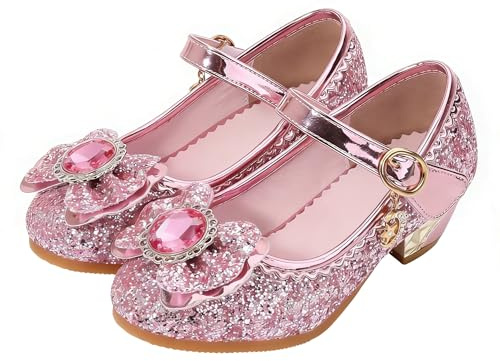 Eleasica Princesa Zapatos para Niña Tacón Altos Regalo Sandalias de Vestir Antideslizante Punta Cerrada Zapatos de Disfraz Boda Ceremonia Zapatos de Vestir,Rosa,31