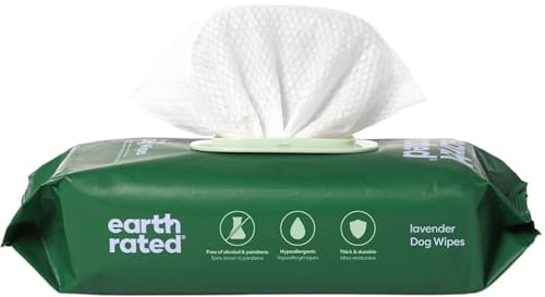 Earth Rated Feuchttücher für Hunde, Dicke Pflegetücher auf pflanzlicher Basis zur einfachen Anwendung an Pfoten, Körper und Hintern, Lavendelduft, 100 Stück