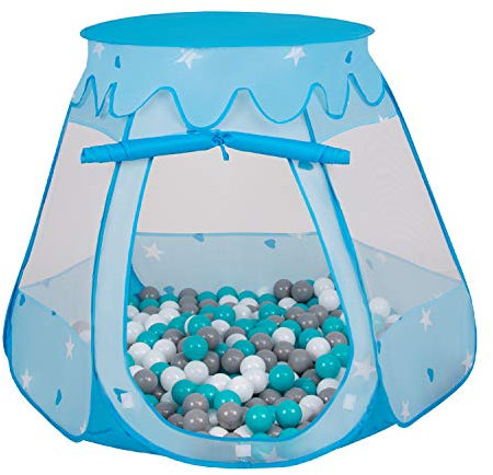 Selonis Baby Spielzelt Mit Plastikbällen Zelt 105X90cm/600 Bälle Plastikkugel Kinder, Blau:Grau-Weiß-Türkis