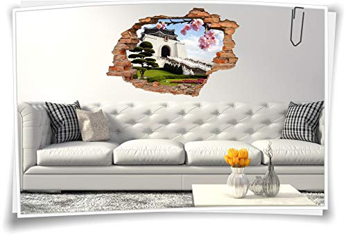 3D Wand-Bild Wand-Tattoo Wand-Aufkleber Taiwan Treppe Baum Blüten Weiß Tempel Deko, 150x100cm