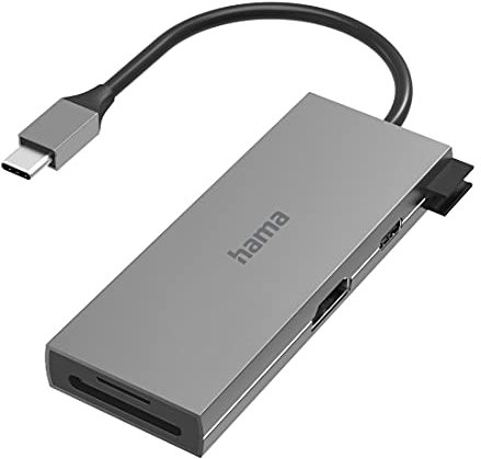 Hama USB C Hub 6 Ports (Multiport Adapter 1x HDMI 4K, 2X USB-A, 1x USB-C zur Übertragung von Daten und zum Laden mit PD, 2X Kartenleser SD und microSD, USB C Adapter 6in1 für Büro, Homeoffice) Alu