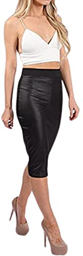 BODYWEAR LTD Women's High Waist PVC Bodycon Midi Skirt - Wet Look Faux Leather Pencil Skirt for Office, Night Out, Cocktail, Clubbing, Formal Dress & Evening Wear in Black (Black, XX-L)