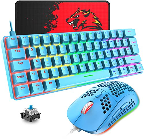 T60 Trådbunden Speltangentbord och Musuppsättning, 60% Kompakt 62 Key Mekaniskt Tangentbord, 19 Rainbow LED-ljus, UK Layout + 6400 DPI PS4 Gaming Mouse + Musmatta för PC, Laptop - Blå Switch/Blå